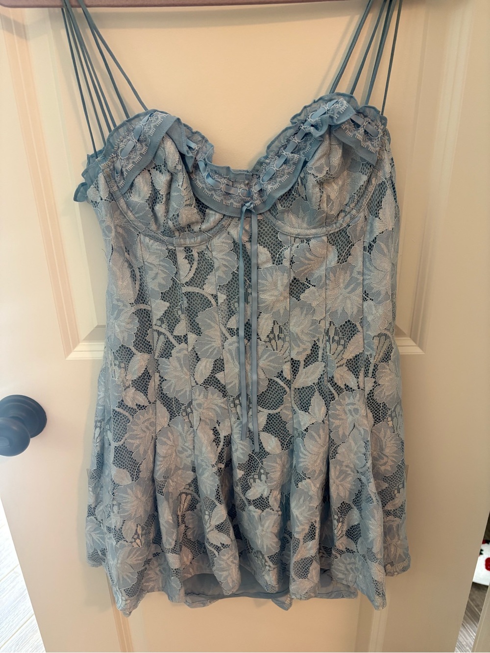 For Love And Lemons Light Blue Floral Lace Chemise